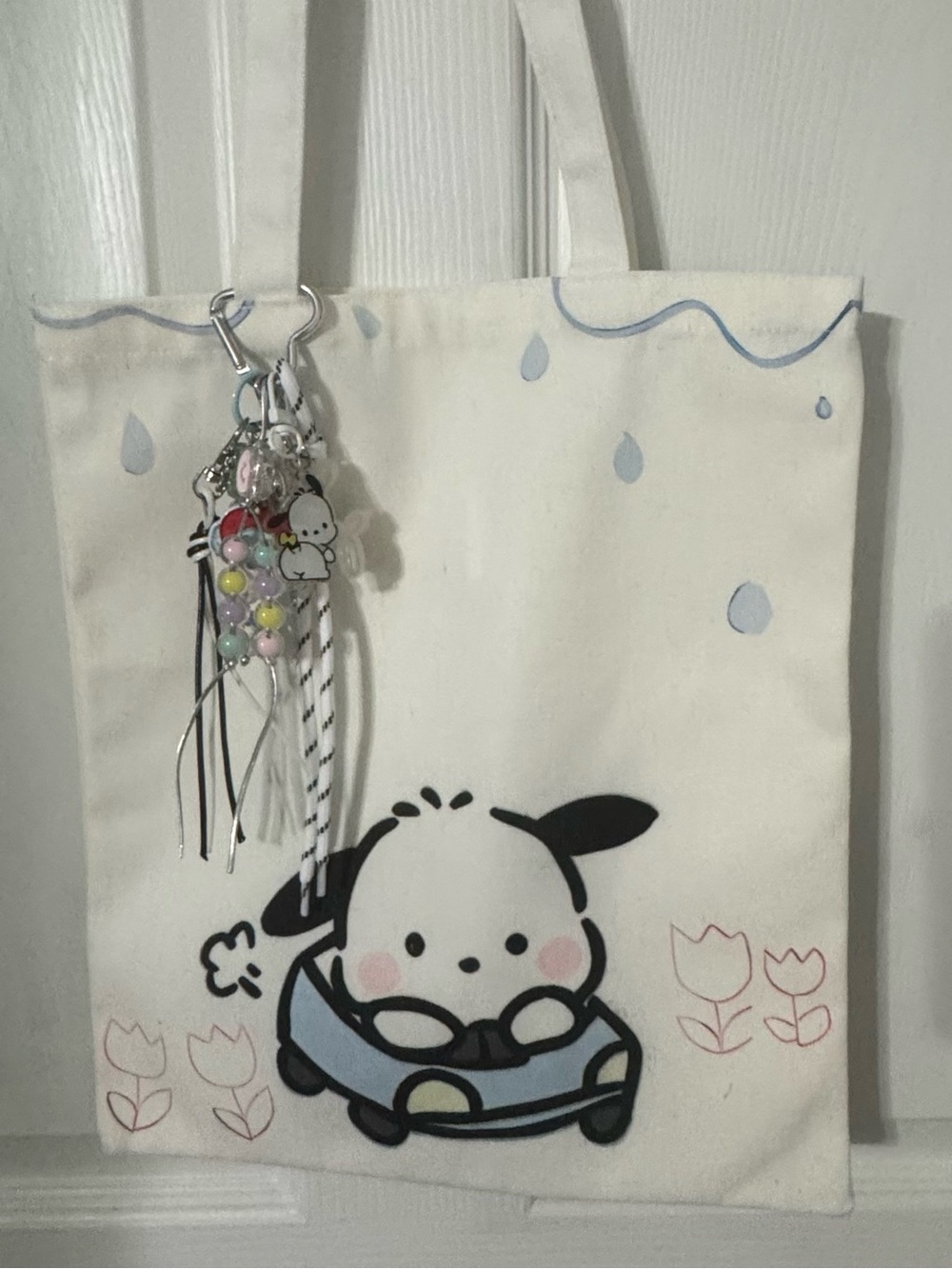Cute Sanrio Pochacco  Puppy Canvas Tote Bag with Pastel Bag Charm Keychain